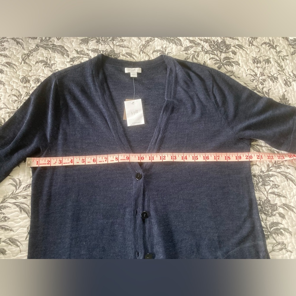 Jjill navy blue, linen rich short (elbow length) sleeve long cardigan sweater - Picture 4 of 7